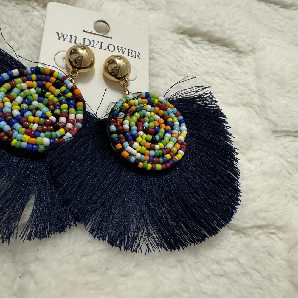 Bohemian Multicolor Beaded Tassel Earrings, Statement Fringe, Navy Blue Fan